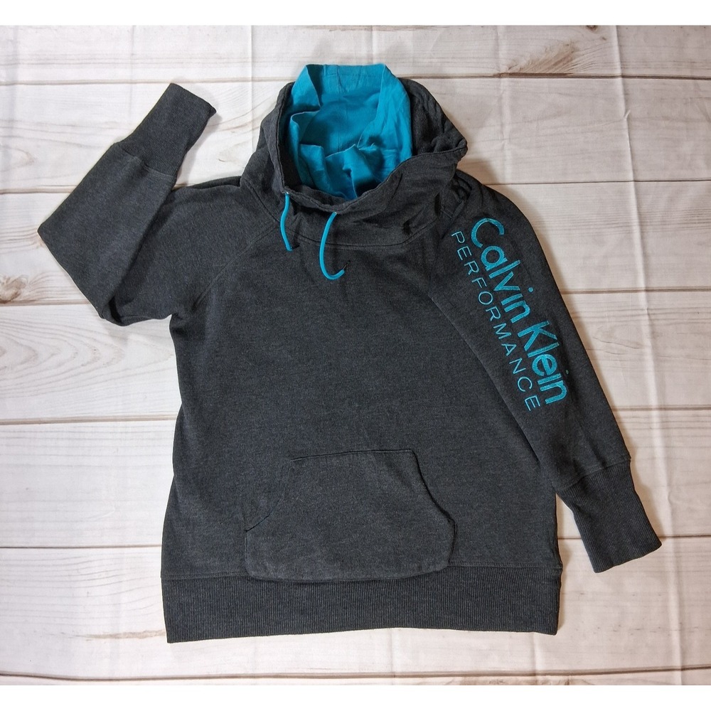 Calvin Klein Performance Women's Funnel Neck Hoodie Size L Gray Teal Cowl Size L